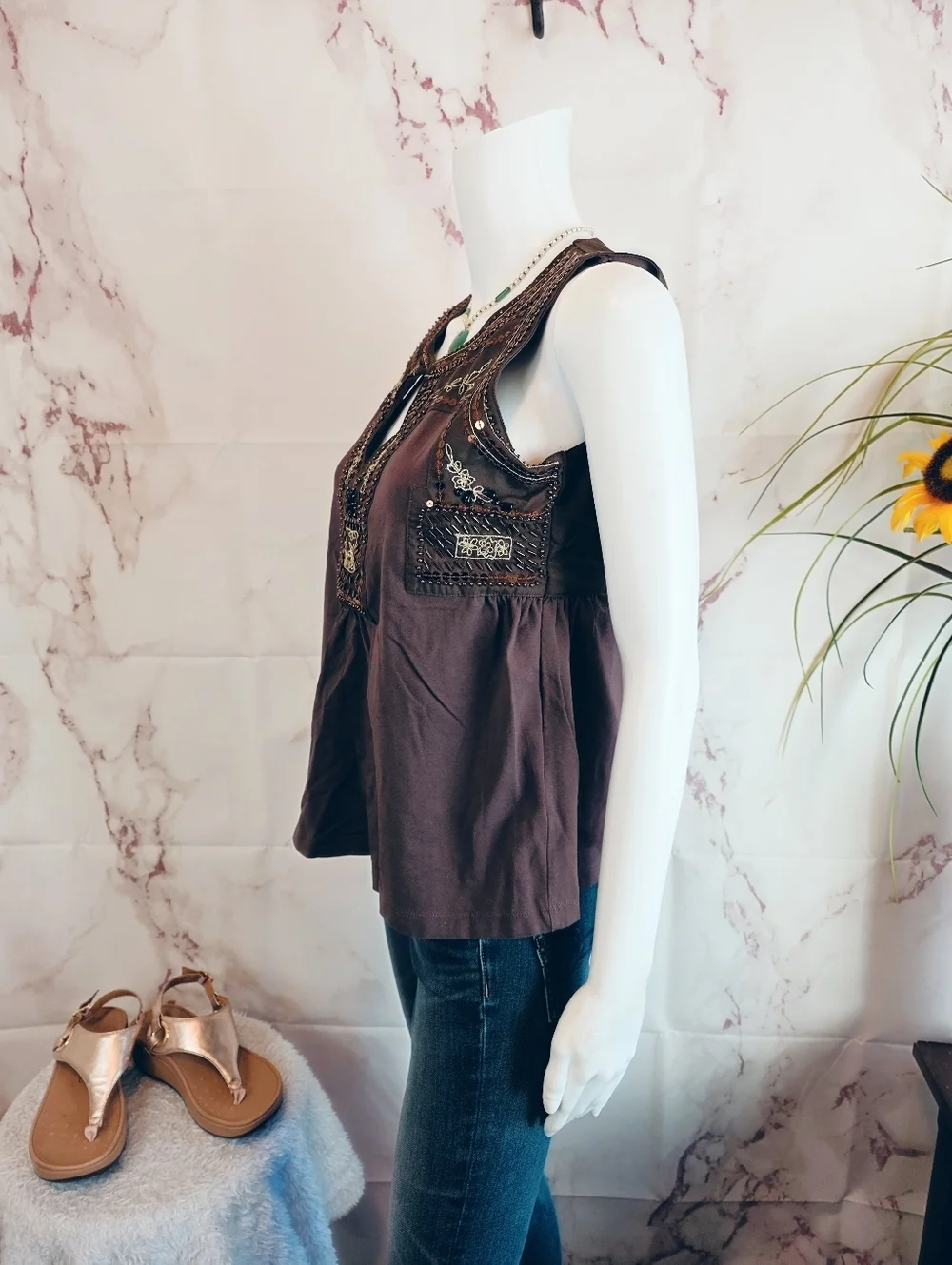 Boston Proper Embroidered Boho Tank XS Brown Beaded Sleeveless Top